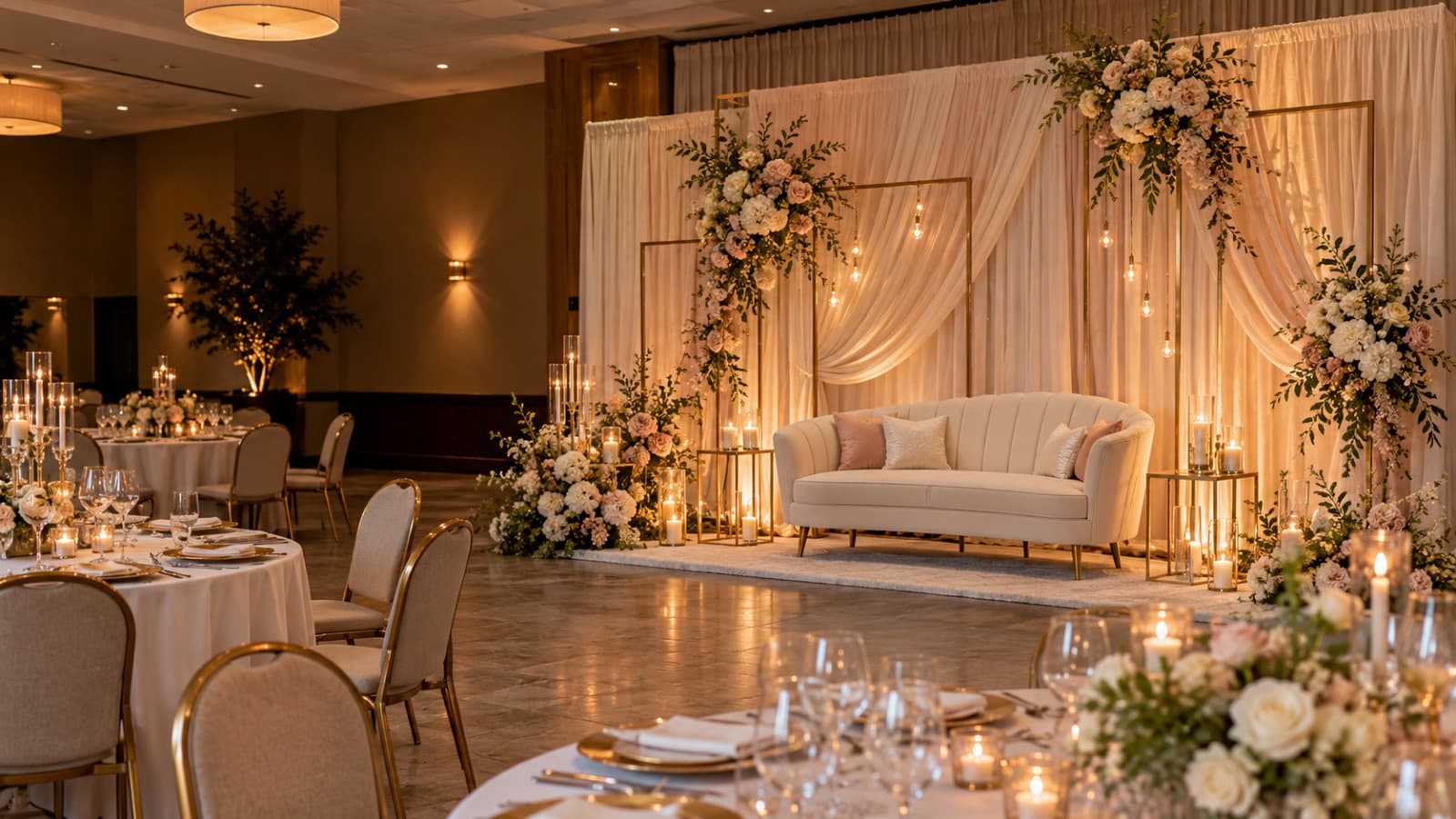 Sfeerimpressie van een gestylede zaal met backdrop, bank, bloemen en kaarslicht