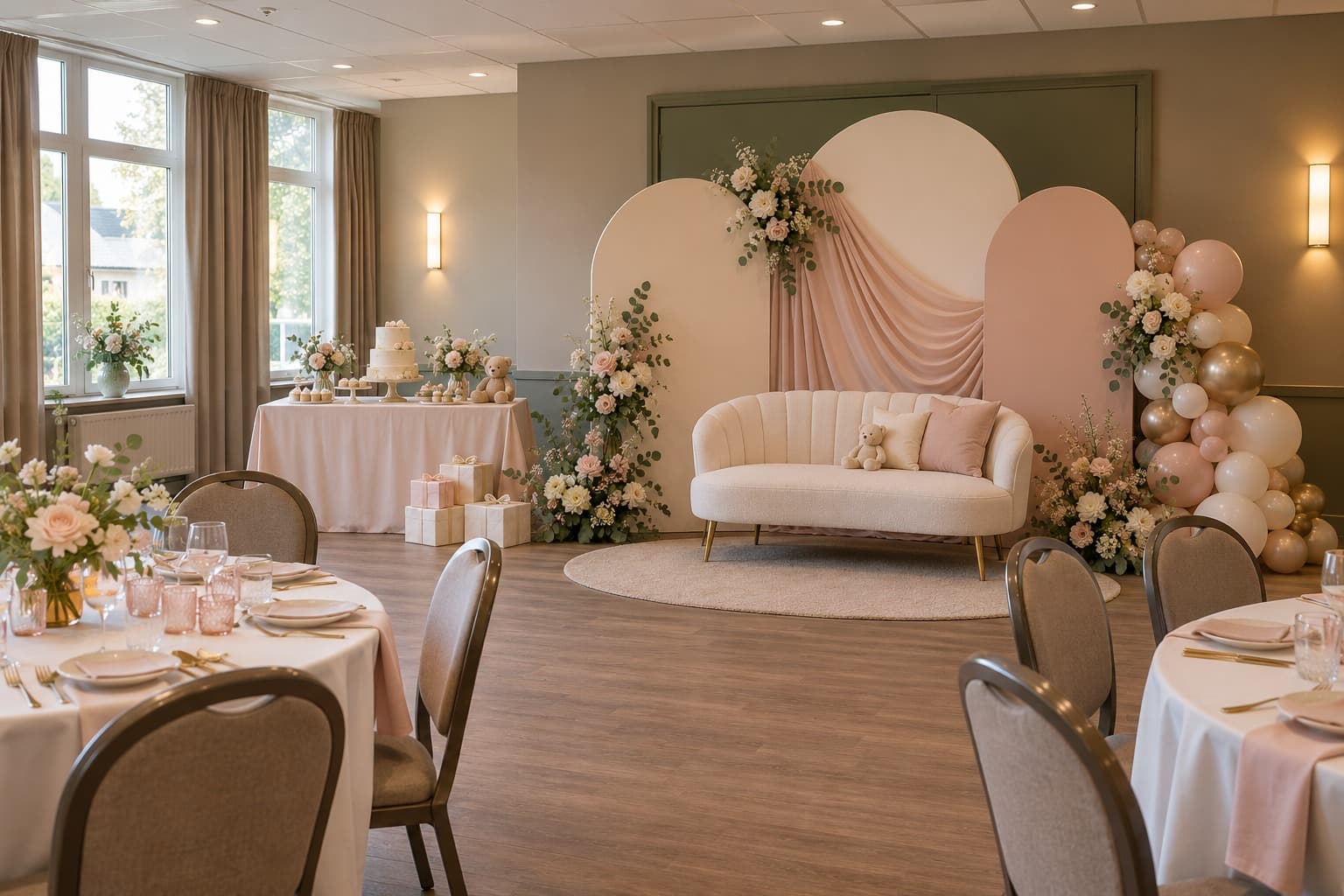 Sfeerimpressie van een babyshower-opstelling in roze en wit met ballonnen en bloemen